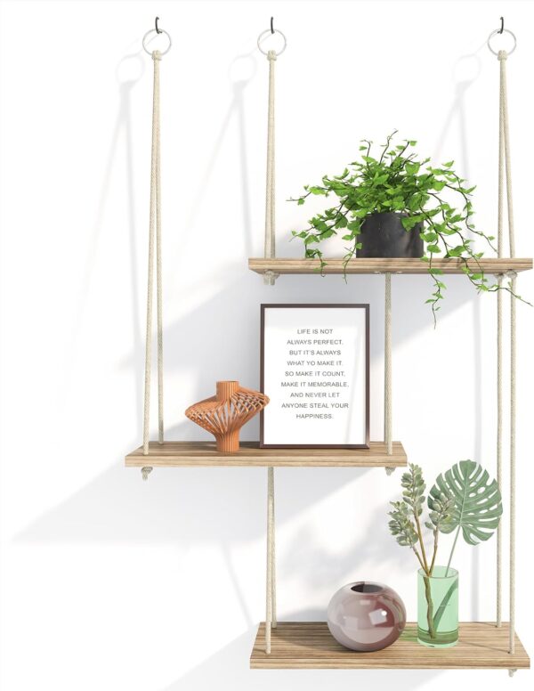 RusticRoots 3-Tier Hanging Wall Shelves – Boho Rope Organizer