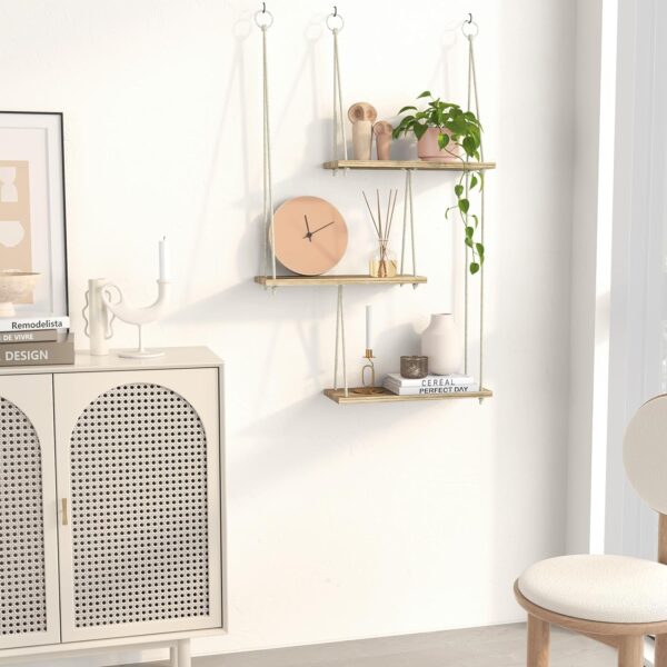 RusticRoots 3-Tier Hanging Wall Shelves – Boho Rope Organizer - Image 2