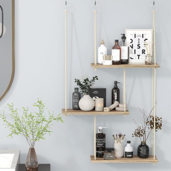 RusticRoots 3-Tier Hanging Wall Shelves – Boho Rope Organizer - Image 3