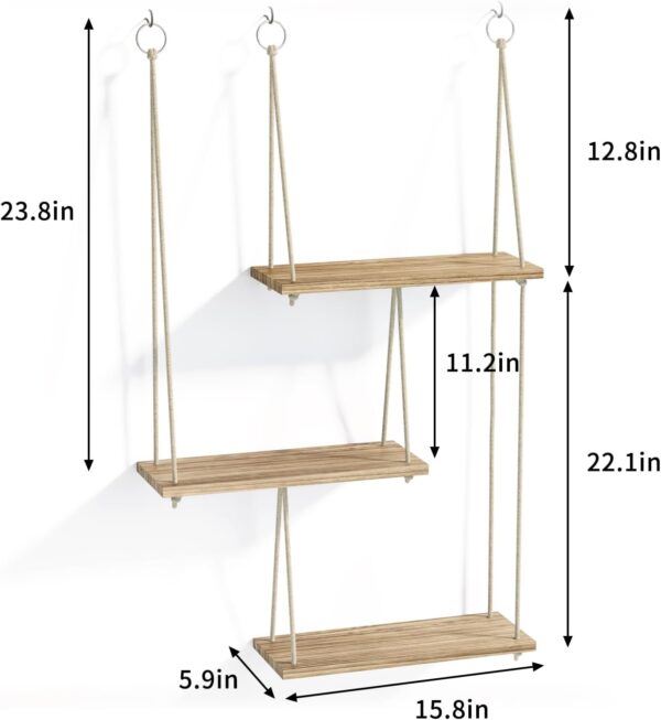 RusticRoots 3-Tier Hanging Wall Shelves – Boho Rope Organizer - Image 4