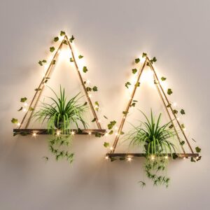 GlowLeaf Macrame Hanging Shelves with LED Ivy – Set of 2