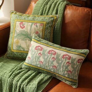 French Vintage Green Floral Linen Throw Pillow Covers